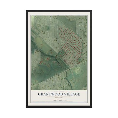 Map of Grantwood Village, Missouri, 12 x 18 inch print in a black wood frame