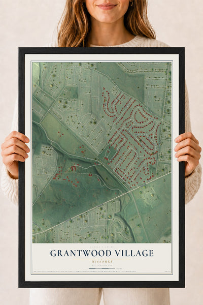 Map of Grantwood Village, Missouri, 18 x 24 inch print in a black wood frame