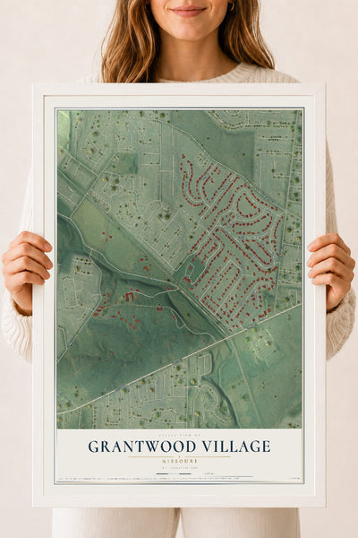 Map of Grantwood Village, Missouri, 18 x 24 inch print in a white wood frame