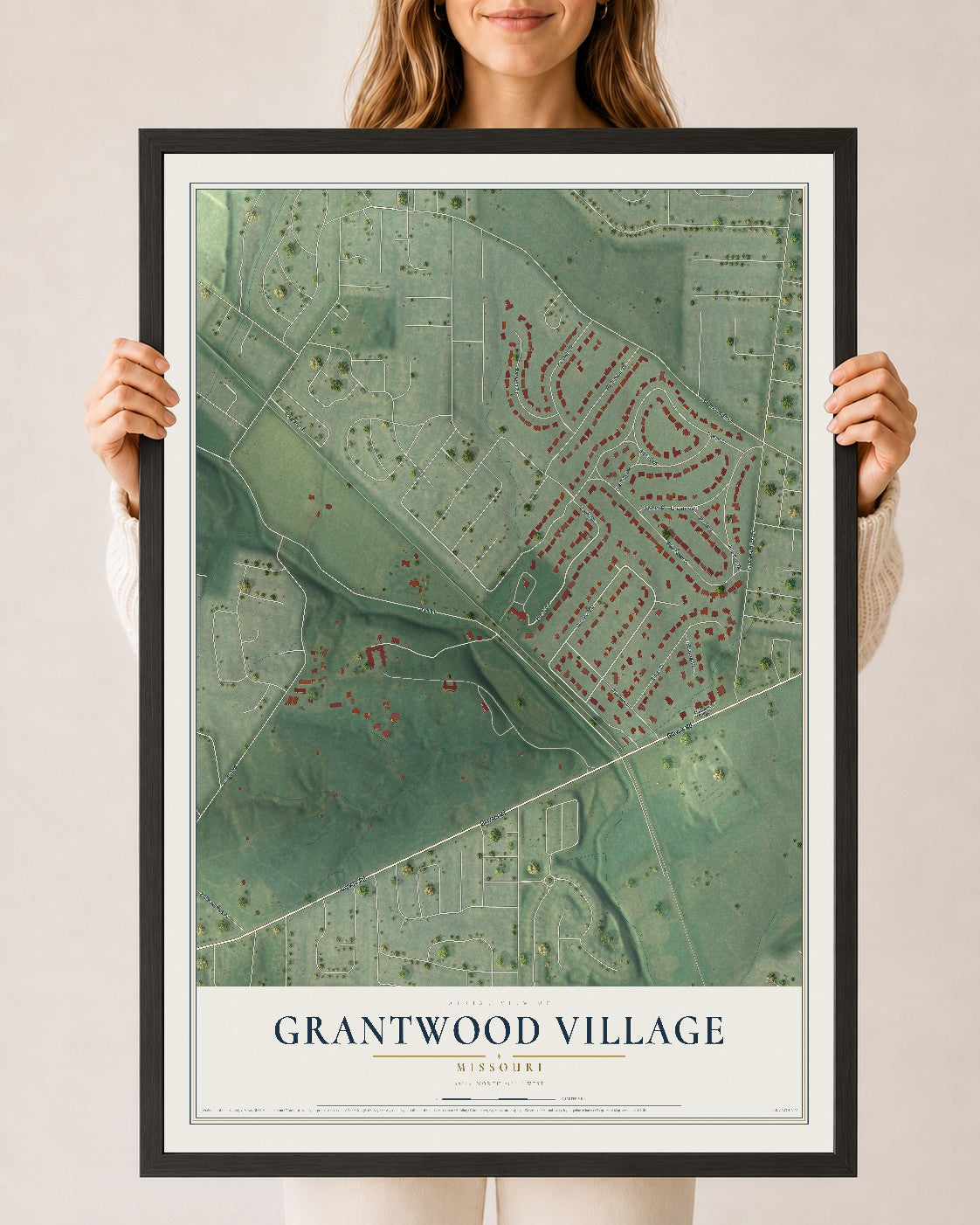 Map of Grantwood Village, Missouri, 24 x 36 inch print in a black wood frame