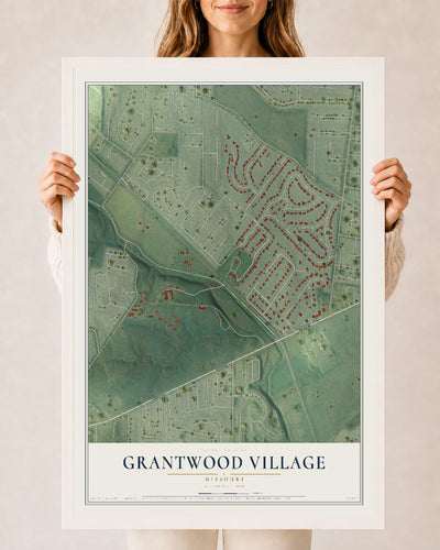 Map of Grantwood Village, Missouri, 24 x 36 inch print in a white wood frame