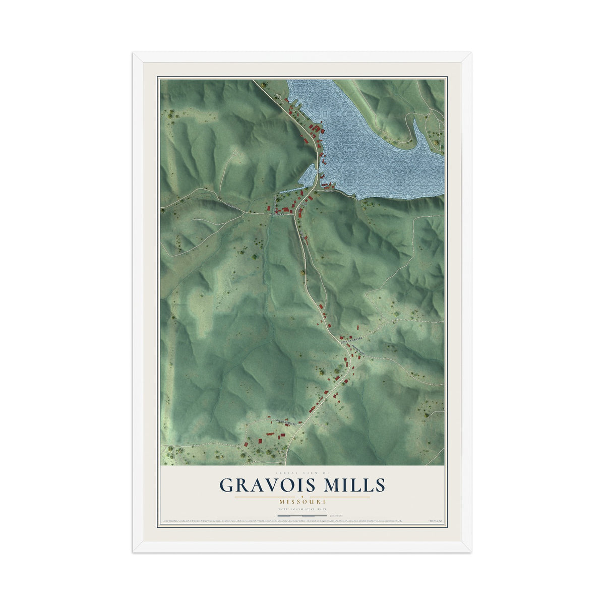 Map of Gravois Mills, Missouri, 12 x 18 inch print in a white wood frame