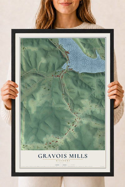Map of Gravois Mills, Missouri, 18 x 24 inch print in a black wood frame