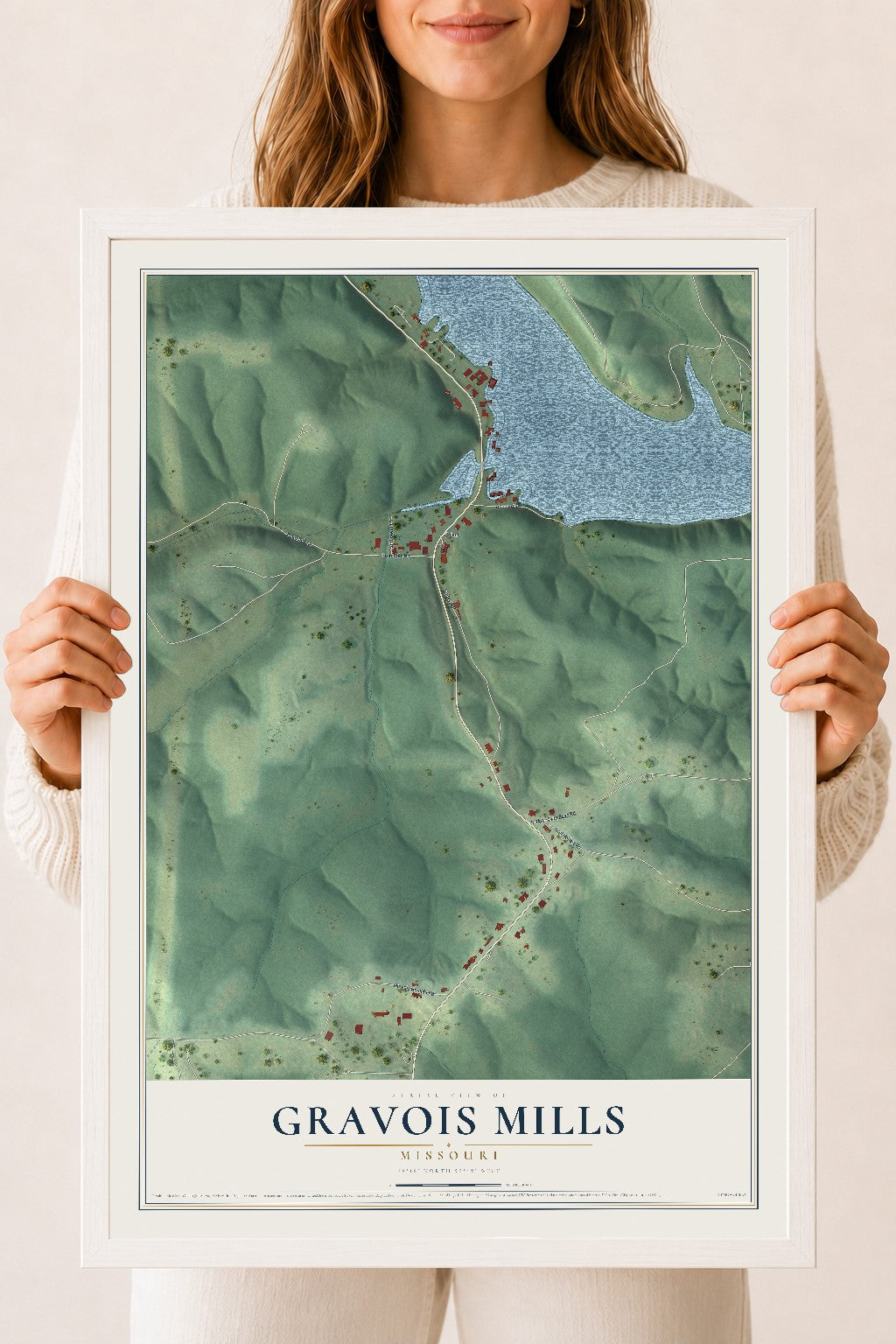 Map of Gravois Mills, Missouri, 18 x 24 inch print in a white wood frame