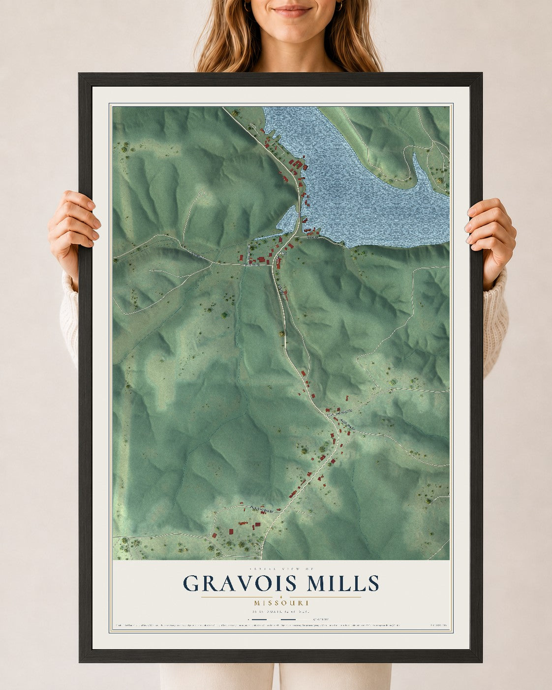 Map of Gravois Mills, Missouri, 24 x 36 inch print in a black wood frame