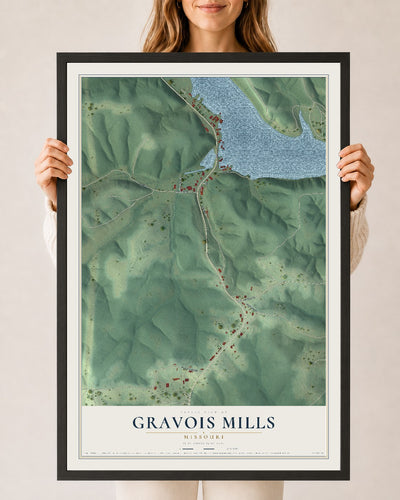 Map of Gravois Mills, Missouri, 24 x 36 inch print in a black wood frame