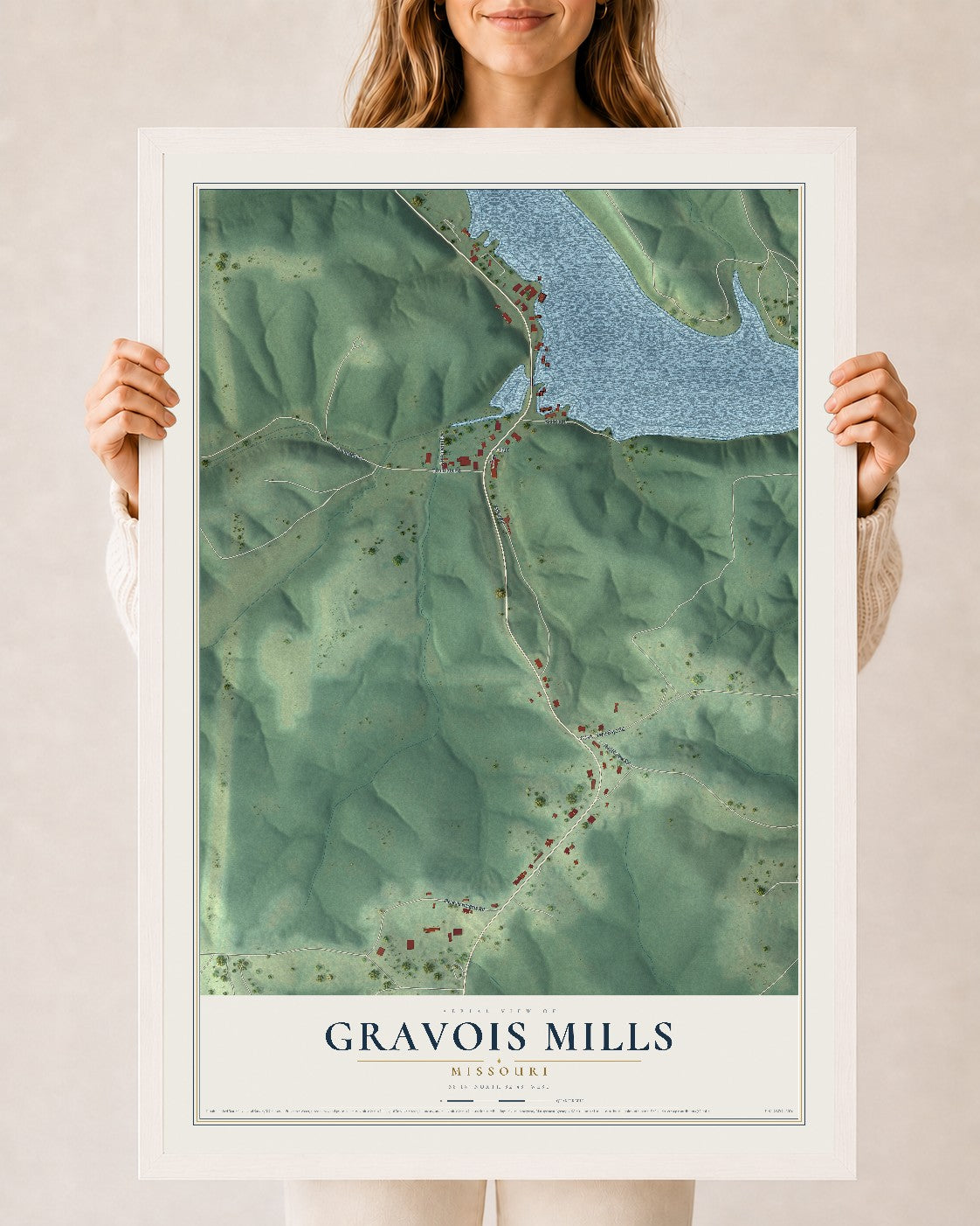 Map of Gravois Mills, Missouri, 24 x 36 inch print in a white wood frame