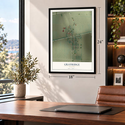 Grayridge, Missouri map, 18 x 24 inch print in a black frame in a home office