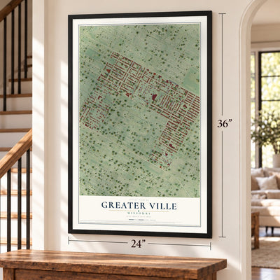 Greater Ville, Missouri map, 24 x 36 inch print in a black frame by a staircase