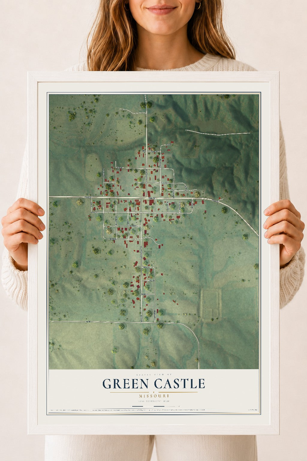 Map of Green Castle, Missouri, 18 x 24 inch print in a white wood frame