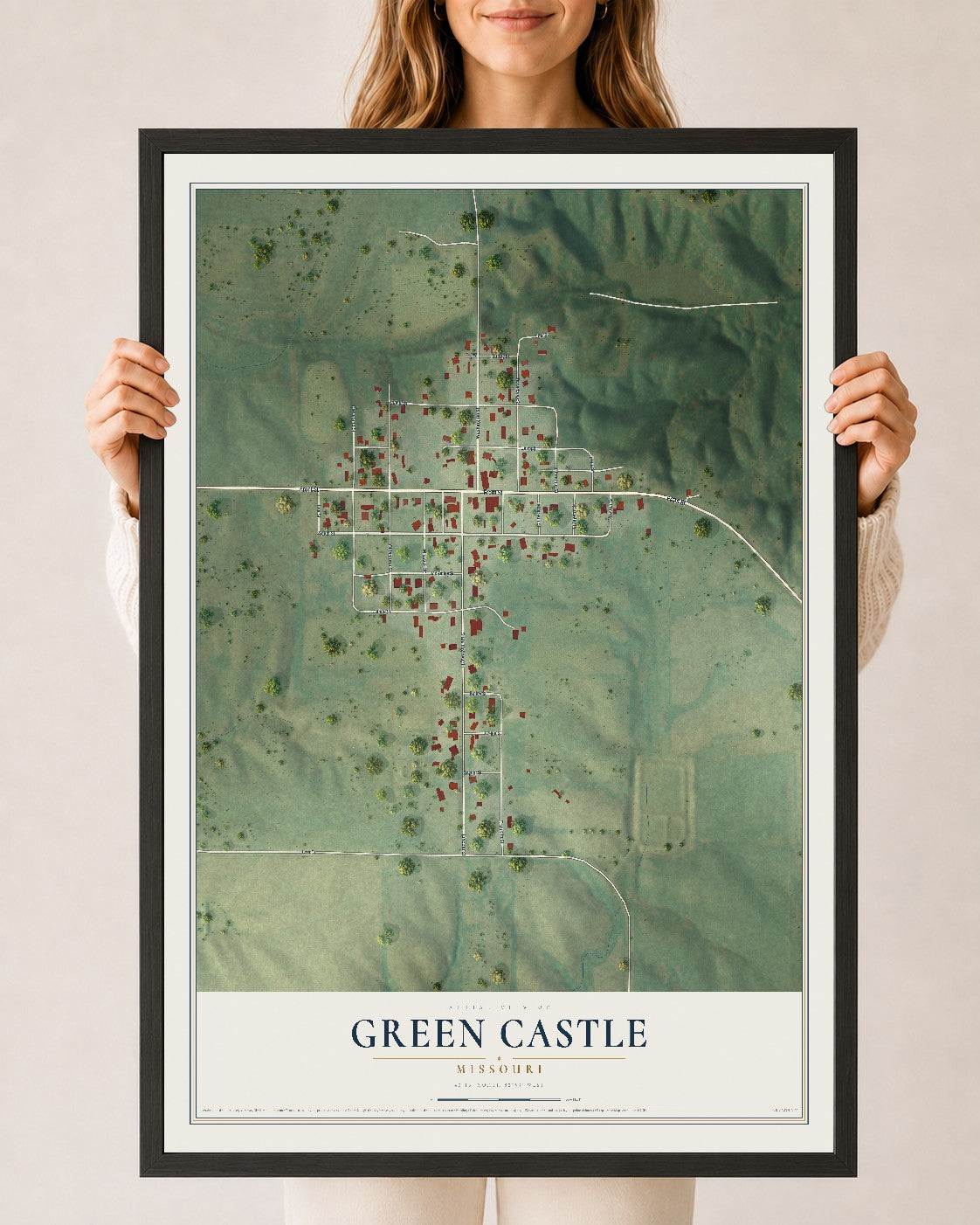 Map of Green Castle, Missouri, 24 x 36 inch print in a black wood frame