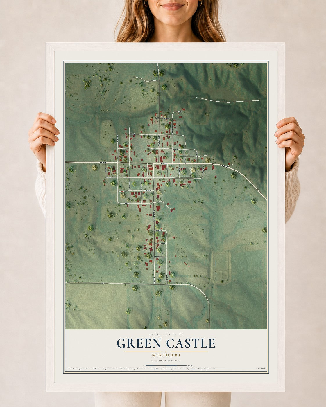 Map of Green Castle, Missouri, 24 x 36 inch print in a white wood frame