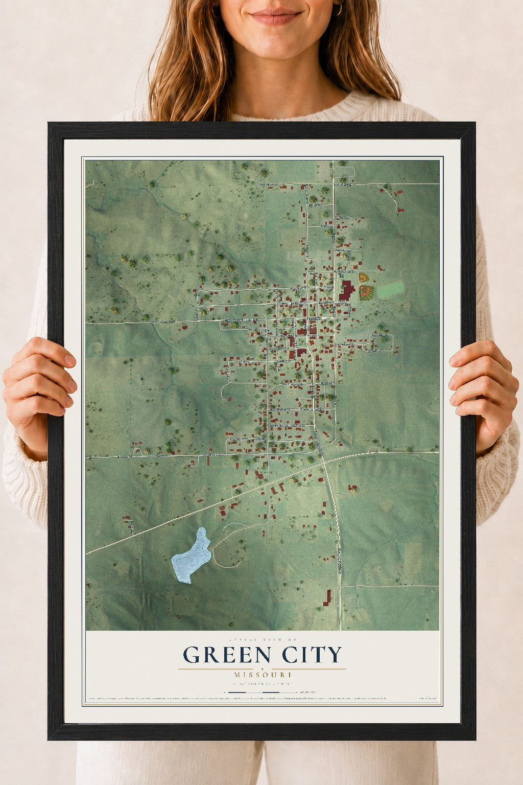 Map of Green City, Missouri, 18 x 24 inch print in a black wood frame