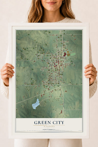 Map of Green City, Missouri, 18 x 24 inch print in a white wood frame