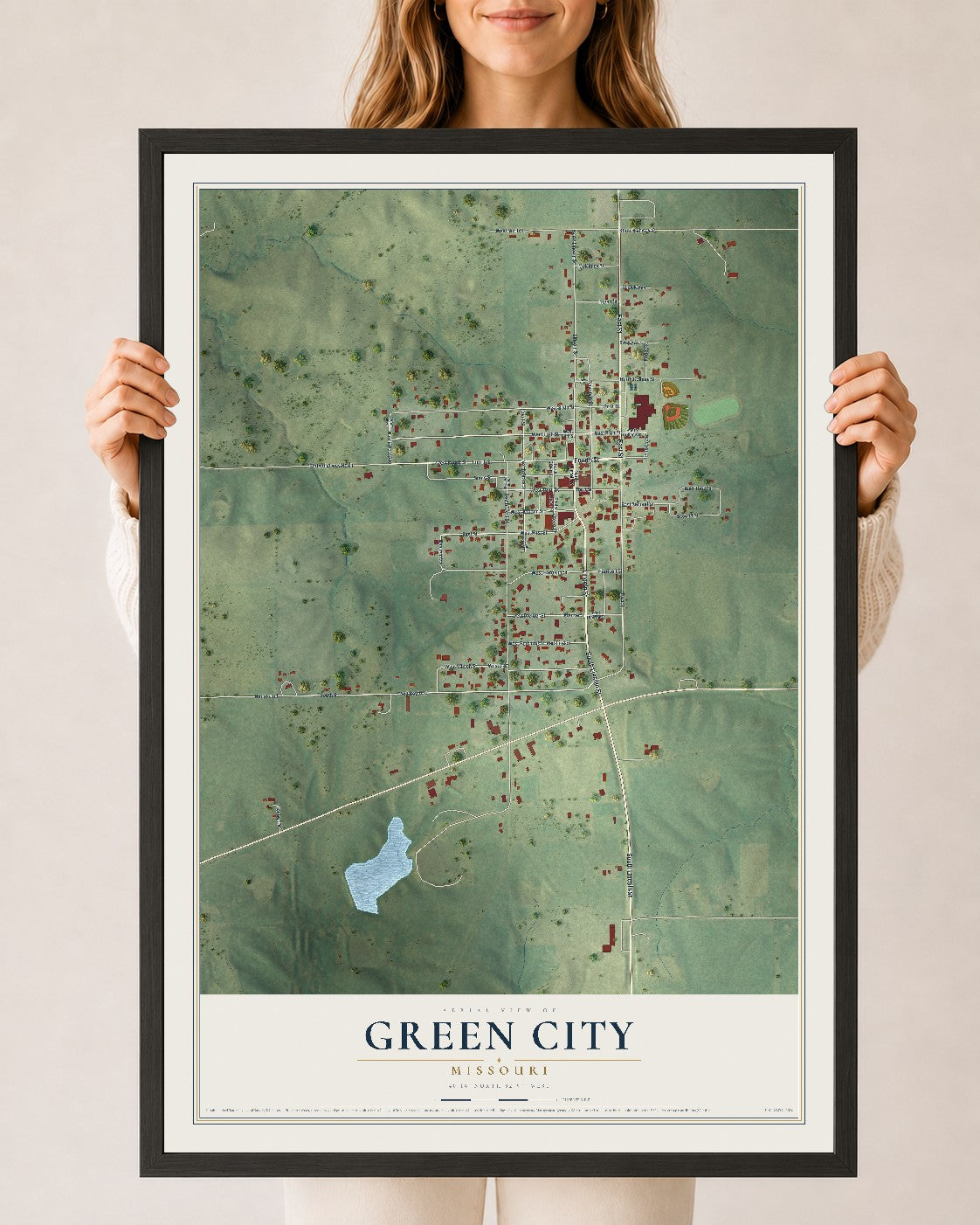 Map of Green City, Missouri, 24 x 36 inch print in a black wood frame