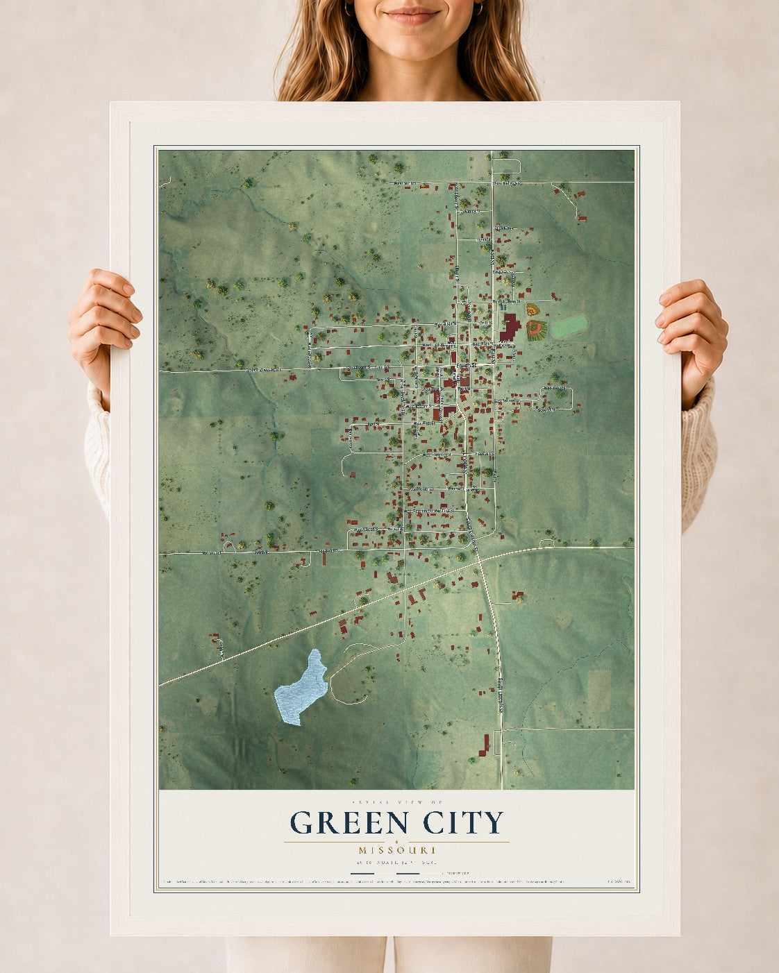 Map of Green City, Missouri, 24 x 36 inch print in a white wood frame