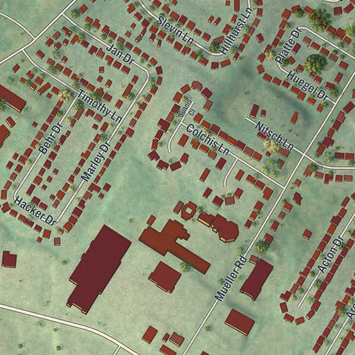 Close-up of the map of Green Park, Missouri print showing street and building detail