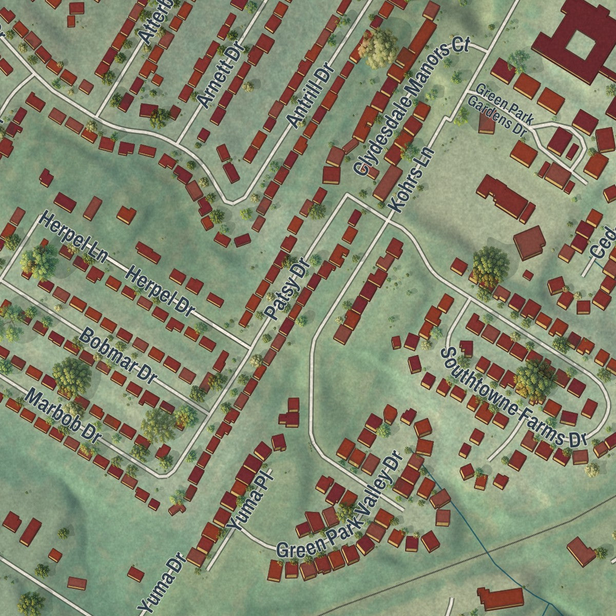 Second close-up of the map of Green Park, Missouri print showing more streets and buildings
