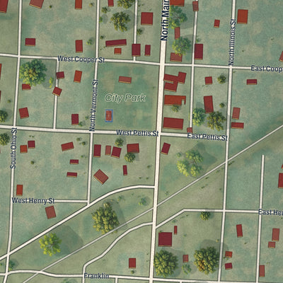 Close-up of the map of Green Ridge, Missouri print showing street and building detail
