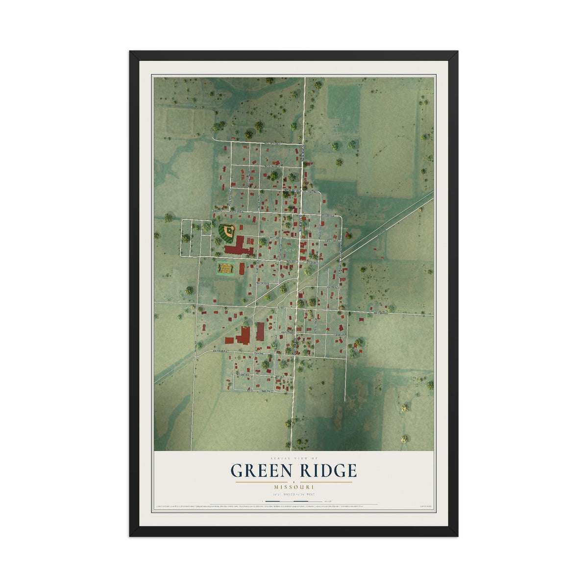 Map of Green Ridge, Missouri, 12 x 18 inch print in a black wood frame