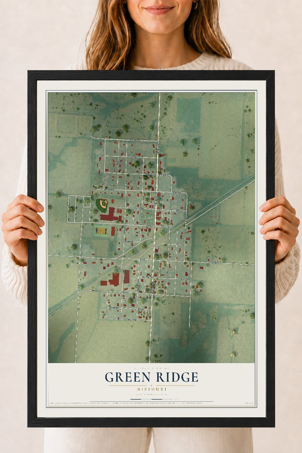 Map of Green Ridge, Missouri, 18 x 24 inch print in a black wood frame