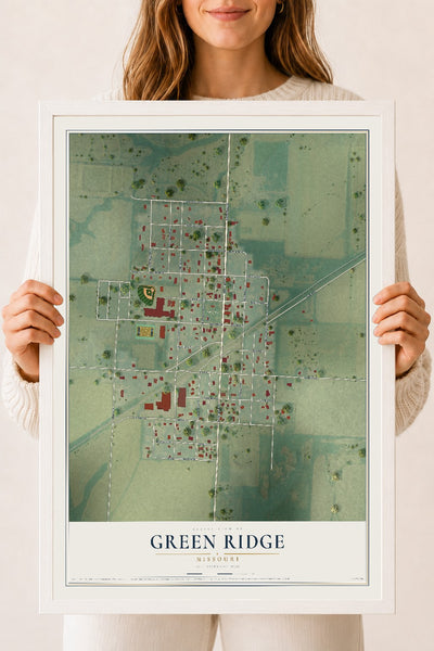 Map of Green Ridge, Missouri, 18 x 24 inch print in a white wood frame