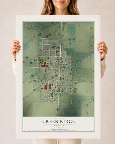 Map of Green Ridge, Missouri, 24 x 36 inch print in a white wood frame
