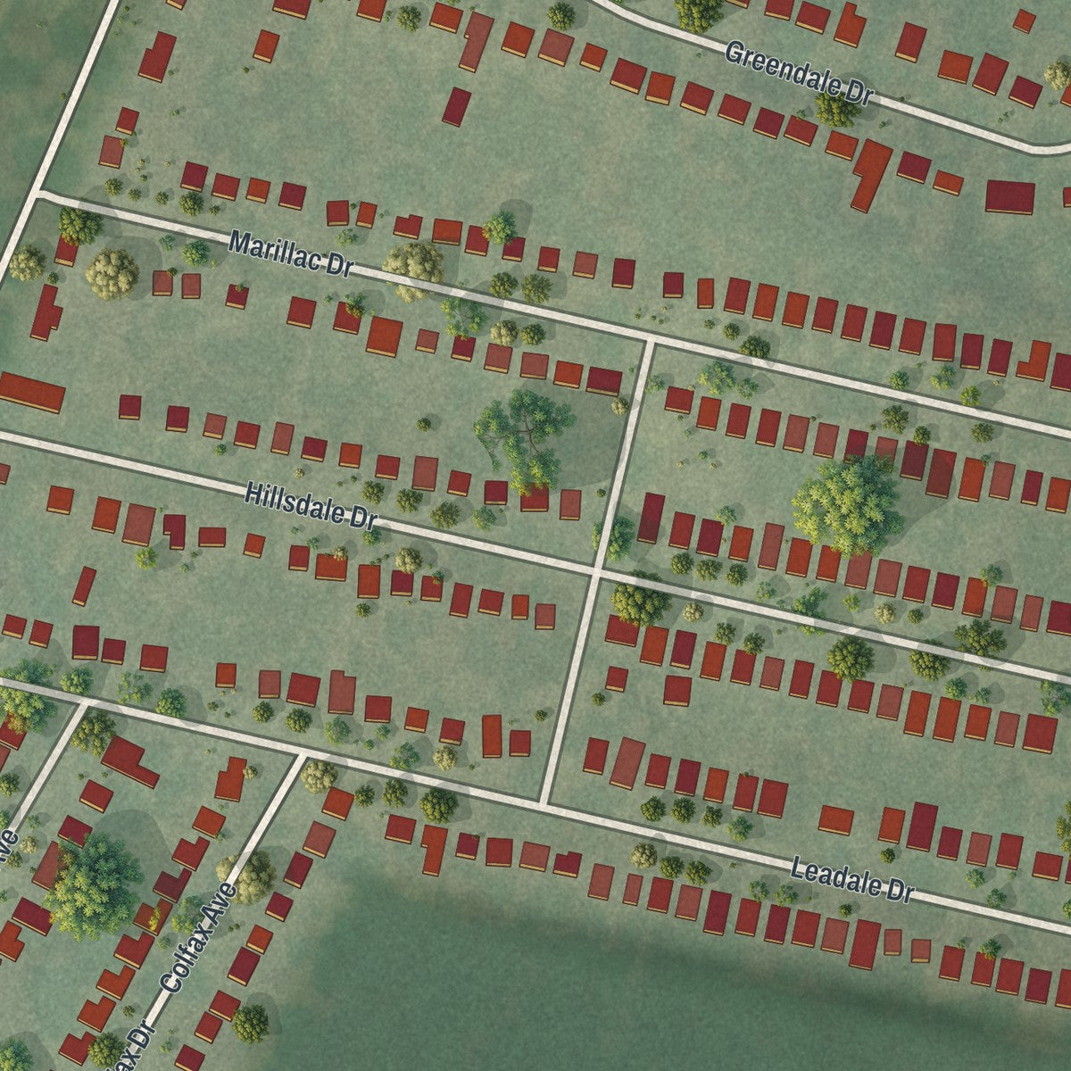 Close-up of the map of Greendale, Missouri print showing street and building detail