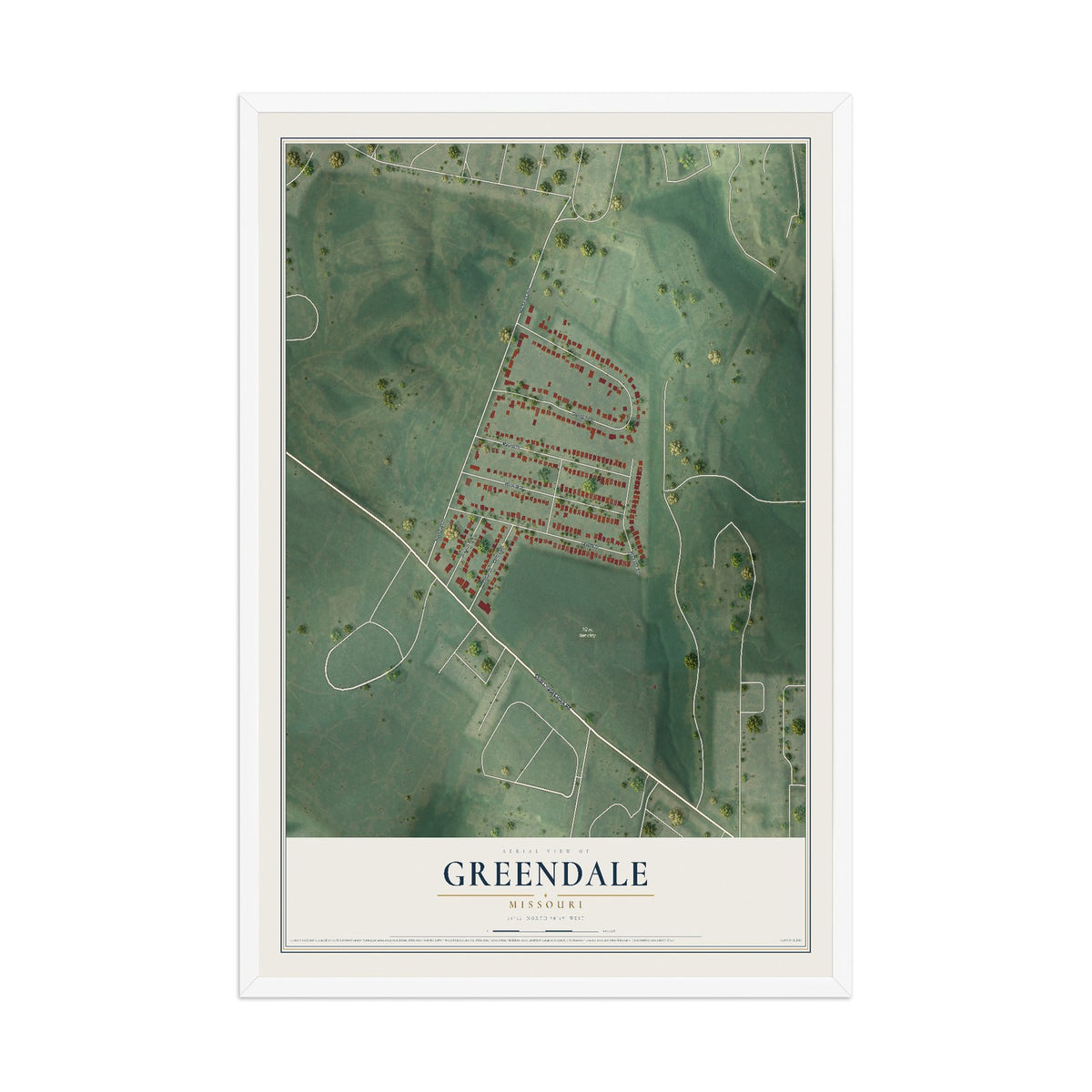 Map of Greendale, Missouri, 12 x 18 inch print in a white wood frame