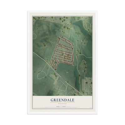 Map of Greendale, Missouri, 12 x 18 inch print in a white wood frame