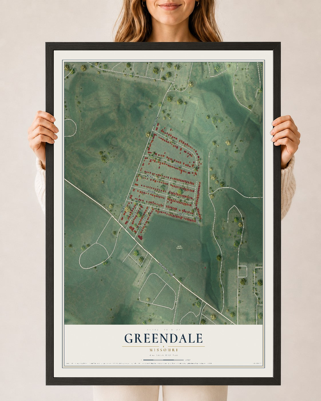 Map of Greendale, Missouri, 24 x 36 inch print in a black wood frame