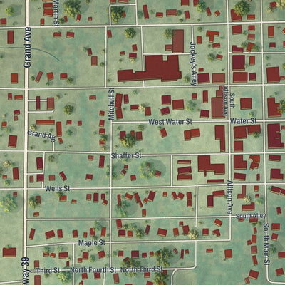 Close-up of the map of Greenfield, Missouri print showing street and building detail