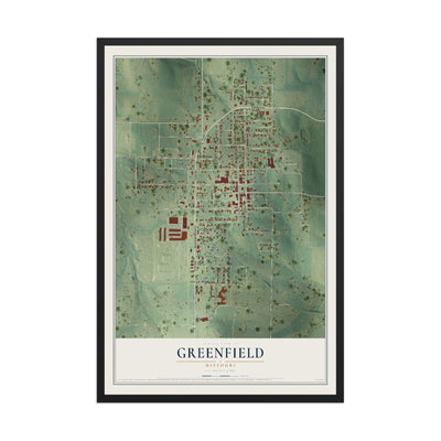 Map of Greenfield, Missouri, 12 x 18 inch print in a black wood frame