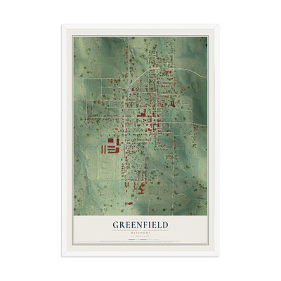 Map of Greenfield, Missouri, 12 x 18 inch print in a white wood frame