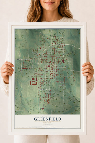 Map of Greenfield, Missouri, 18 x 24 inch print in a white wood frame