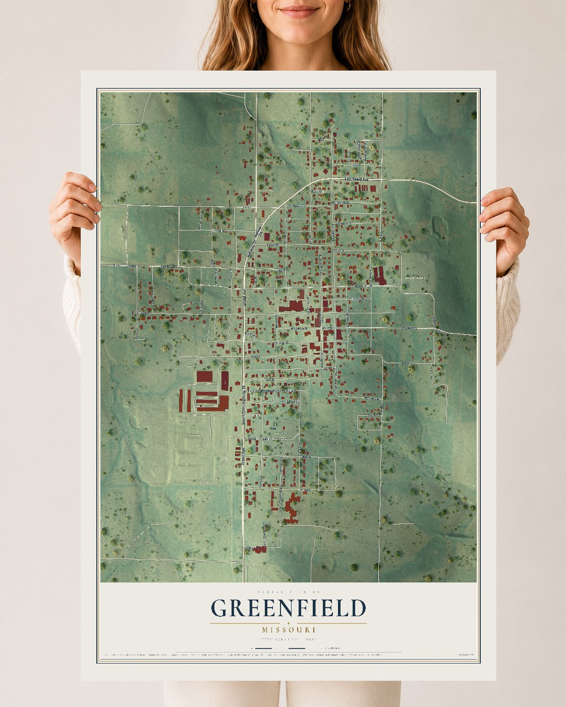 Map of Greenfield, Missouri, 24 x 36 inch unframed archival matte print