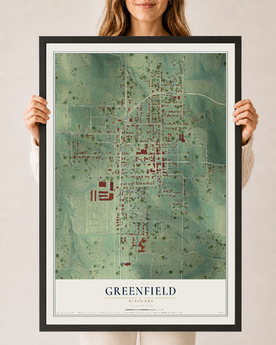 Map of Greenfield, Missouri, 24 x 36 inch print in a black wood frame
