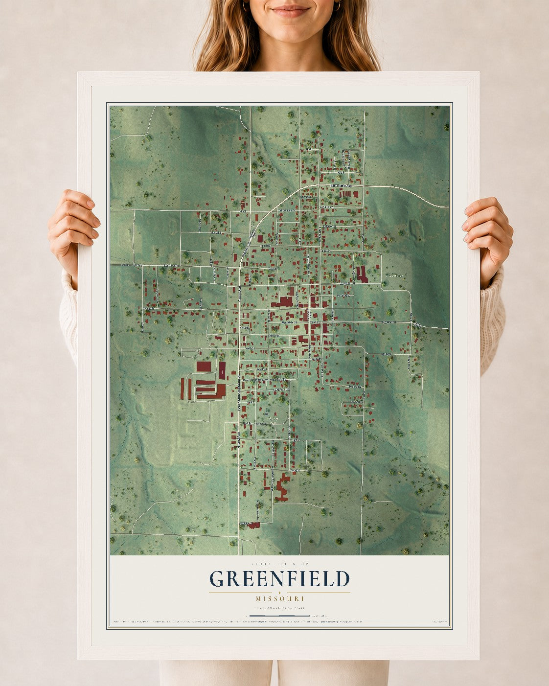 Map of Greenfield, Missouri, 24 x 36 inch print in a white wood frame