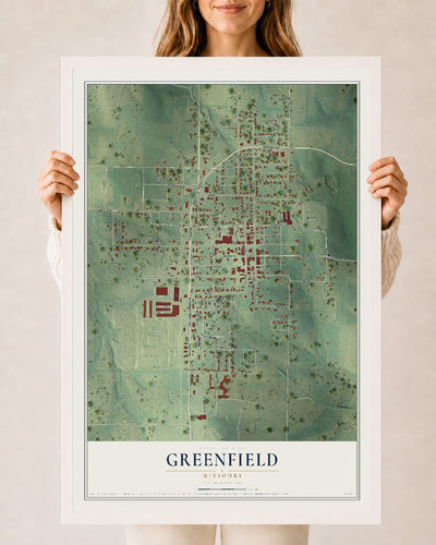Map of Greenfield, Missouri, 24 x 36 inch print in a white wood frame