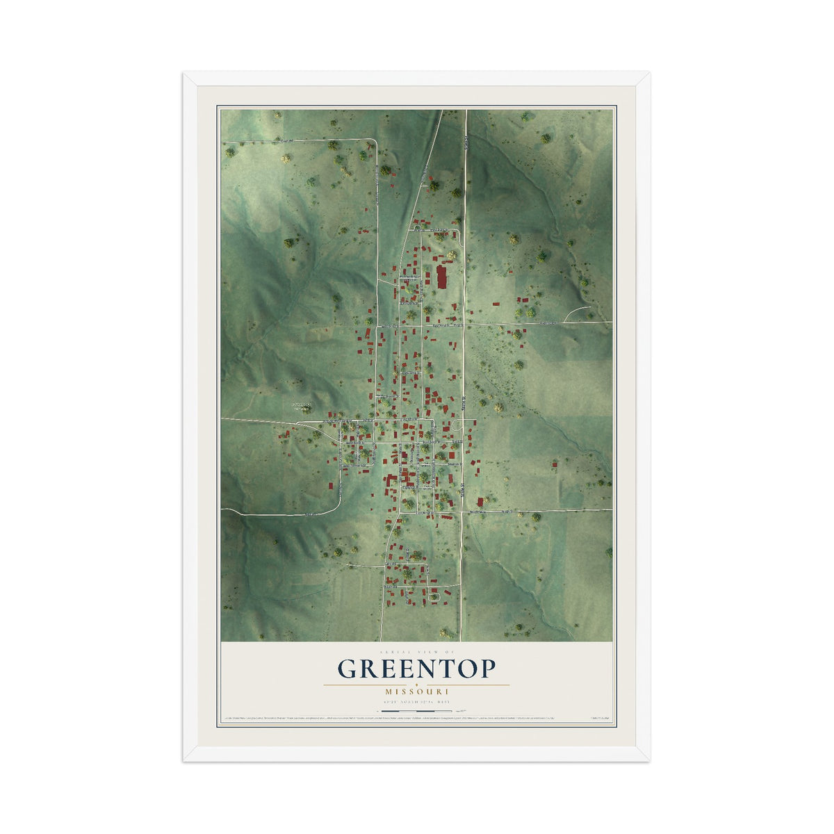 Map of Greentop, Missouri, 12 x 18 inch print in a white wood frame