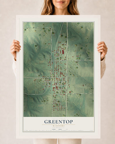 Map of Greentop, Missouri, 24 x 36 inch print in a white wood frame