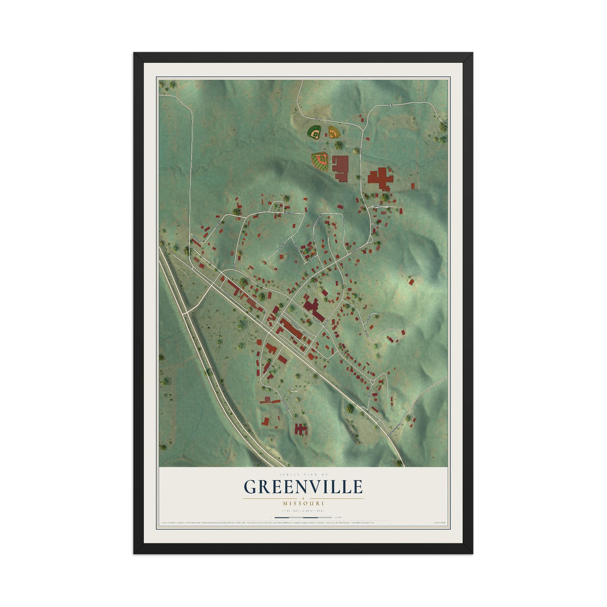 Map of Greenville, Missouri, 12 x 18 inch print in a black wood frame