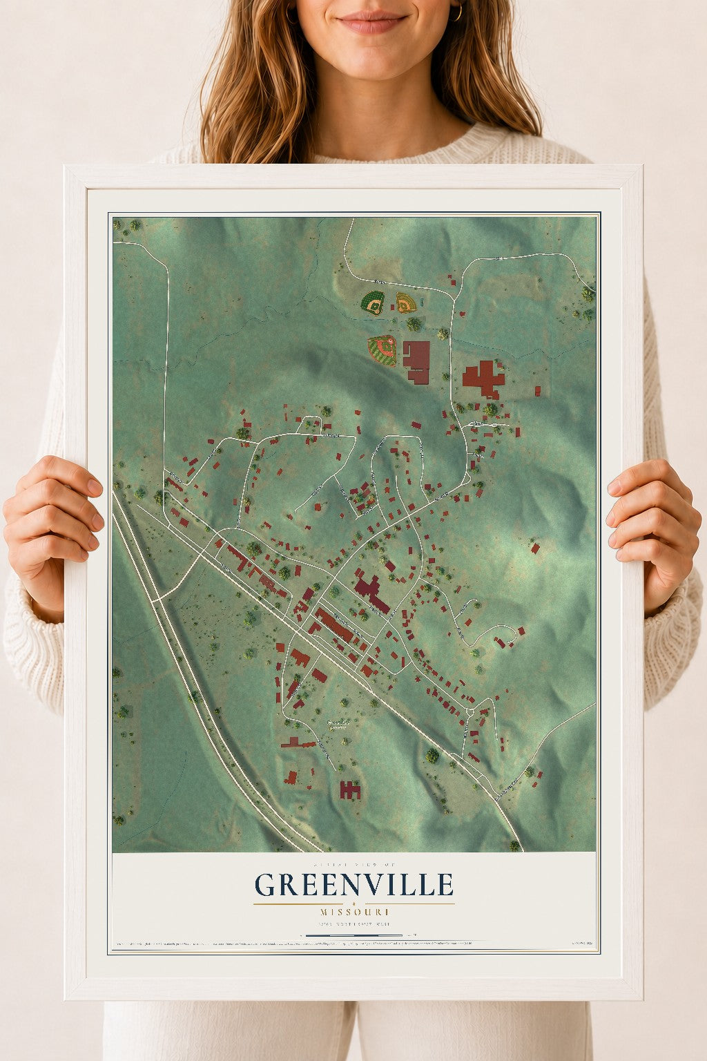 Map of Greenville, Missouri, 18 x 24 inch print in a white wood frame