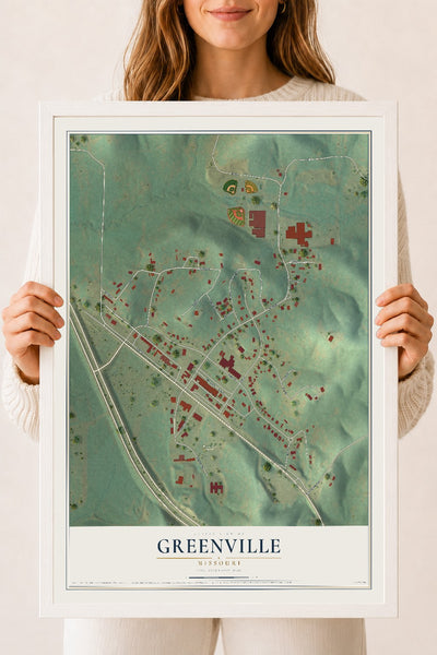 Map of Greenville, Missouri, 18 x 24 inch print in a white wood frame