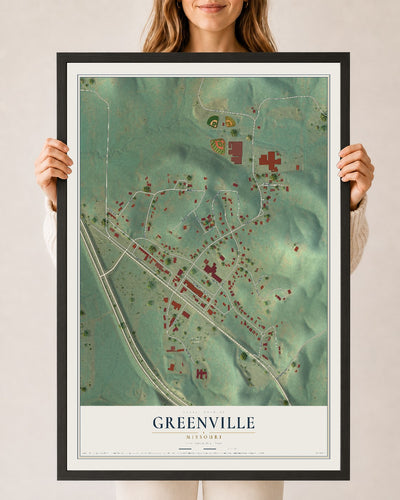 Map of Greenville, Missouri, 24 x 36 inch print in a black wood frame