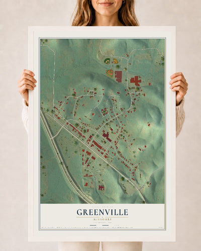 Map of Greenville, Missouri, 24 x 36 inch print in a white wood frame