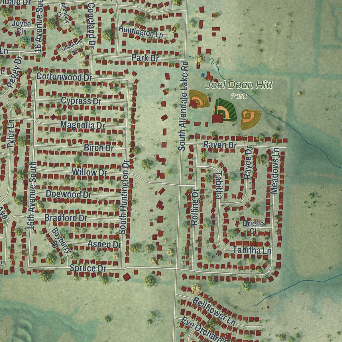 Close-up of the map of Greenwood, Missouri print showing street and building detail