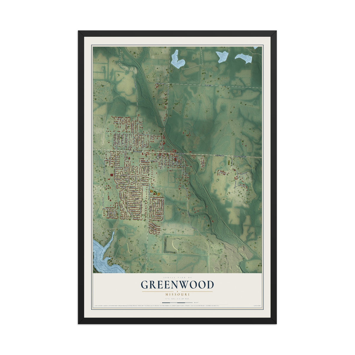Map of Greenwood, Missouri, 12 x 18 inch print in a black wood frame