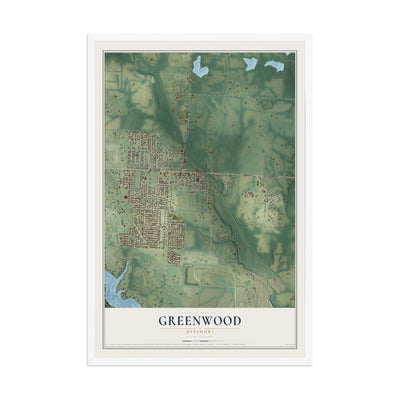 Map of Greenwood, Missouri, 12 x 18 inch print in a white wood frame