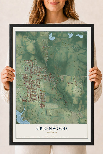 Map of Greenwood, Missouri, 18 x 24 inch print in a black wood frame